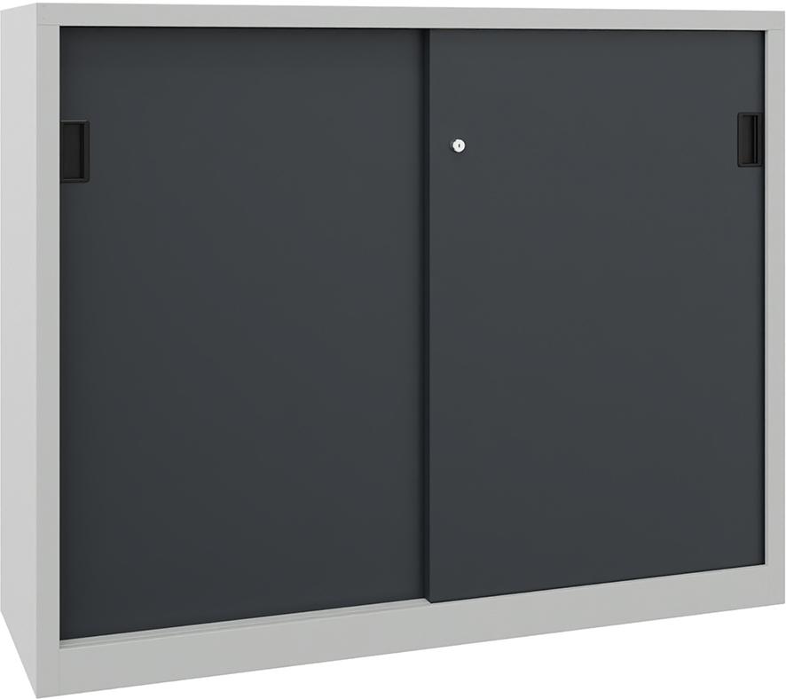 PAVOY Schwerl.-Schiebetü-renschr. m. Bl.-Türen. u.Mittelw. Böd. besch. 150-0x400x1200mm 7035/7016