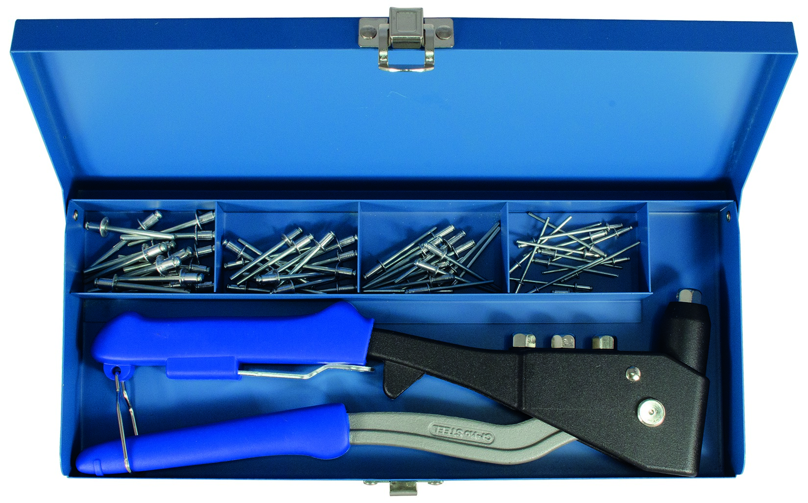 Profi Blindnietzangen-Set, 61-tlg. 1x Blindnietzange 395060 15x Blindniete Aluminium 2,4 x 6,0 mm 15x Blindniete Aluminium 3,2 x 6,5 mm 15x Blindniete Aluminium 4,0 x 6,5 mm 15x Blindniete Aluminium 4,8 x 6,5 mm