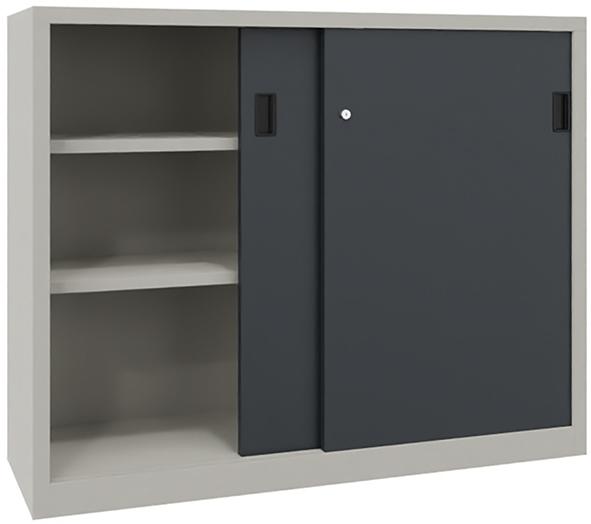 PAVOY Schwerl.-Schiebetü-renschr. m. Bl.-Türen. u.Mittelw. Böd. besch. 150-0x600x1200mm 7035/7016