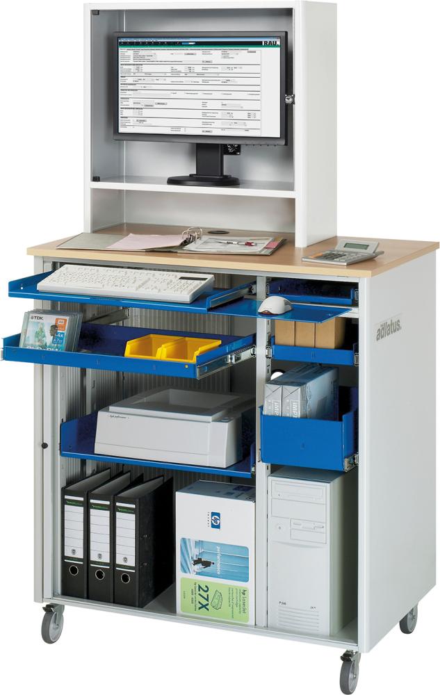 Computer-Tisch B1030xT660xH1810 mm RAL 7035/5010 mobil Gehäuse mit Tür