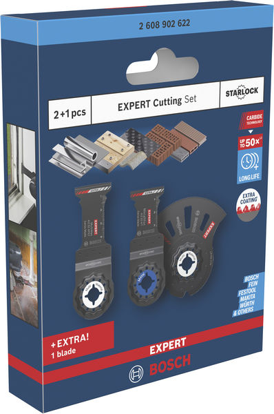 Bosch EXPERT Schneidset 3-tlg. zum Schneiden unterschiedlicher Materialien. Produktbild Verpackung