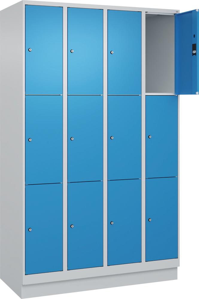 Fächerschrank CLASSIC B1200xT500xH1950 mm RAL 7035/5012, 4x3 Fächermit 100 mm hohem Sockel Fächerschrank CLASSIC B1200xT500xH1950 mm RAL 7035/5012, 4x3 Fächermit 100 mm hohem Sockel