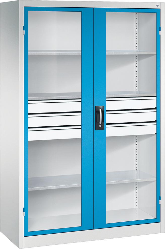 C+P Flügeltürenschrank A-curado mit Sichtfenster 4Fachböden B1200xT500xH19-50mm RAL7016/7016