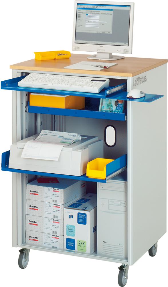 Computer-Tisch B720xT660xH1100 mm RAL 7035/5010 mobil ohne Monitorgehäuse