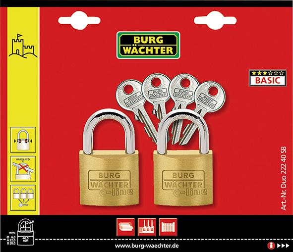 Messing-Hangschloss-Set 222/40/SB/duo Gl Burg BURG WÄCHTER