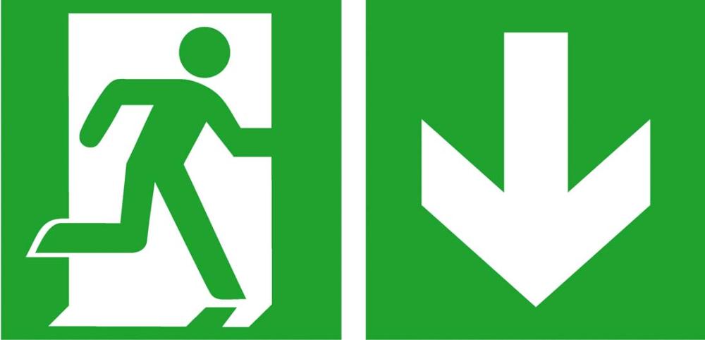 Fluchtwegschild Alu B300xH150 mm Notausgang rechts mit Pfeil abwärts langnachleuchtend