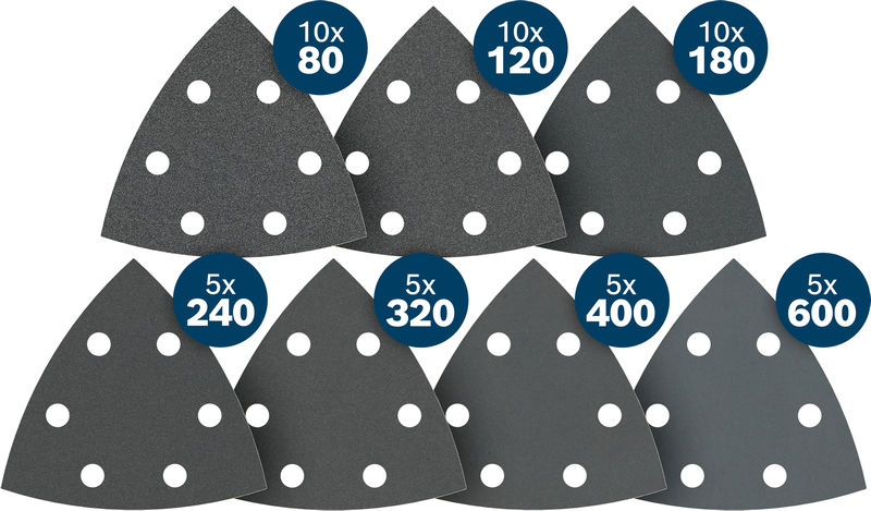 Bosch PRO F355 Schleifblätter, verschiedene Körnungen, 50er-Pack. Produktbild