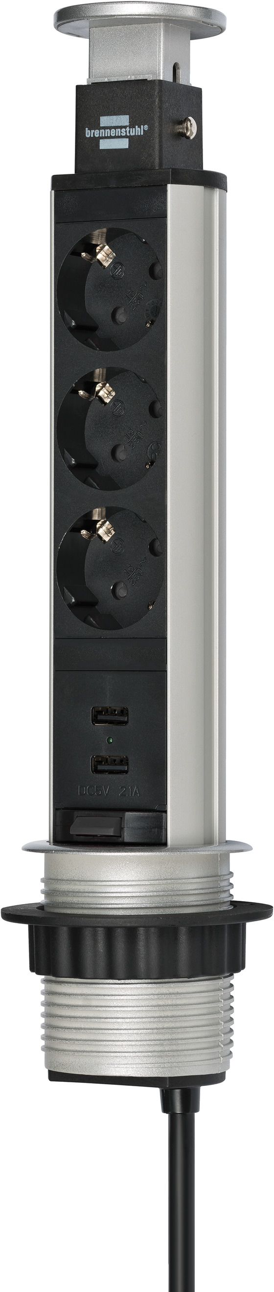 Tower Power USB-Charger Tischsteckdosenleiste 3-fach mit 2 USB Ladebuchsen 2m H05VV-F 3G1,5, in Tischplatte versenkbar